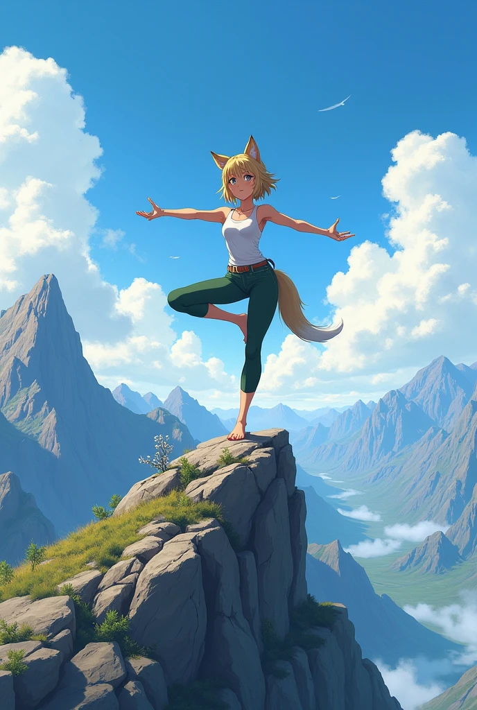 A anime wolf girl on a rock top of a mountain doing yoga