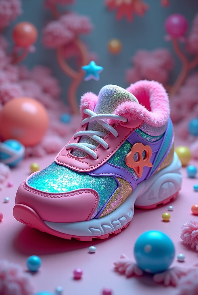 Make a sneaker that looks nice, that looks squeezable, soft, colorful, with sequins and that have fidget toys like the popit