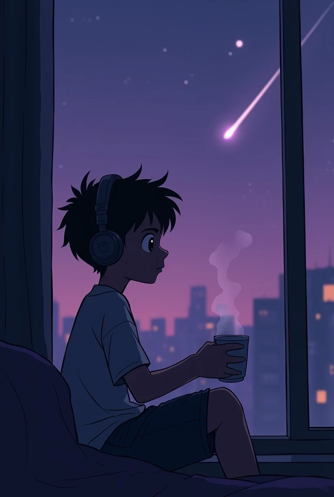 One lo-fi type one boy on night he see window he equip headphone he see shooting star zoom 2× he is very sad and full photo theme is purple hi animation he was tebal side cofe but he listens a song