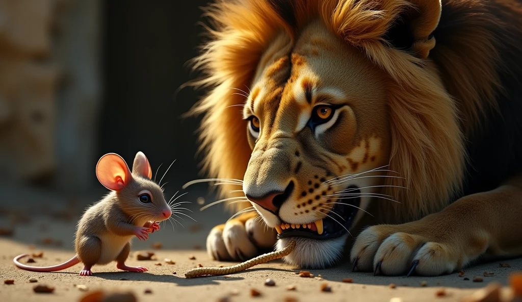 **Mouse**: The mouse is positioned close to the lion’s side, working frantically. Its tiny teeth are biting through the ropes, one strand at a time. The mouse’s expression is one of intense focus and determination, showing the effort and care it’s putting into saving the lion.