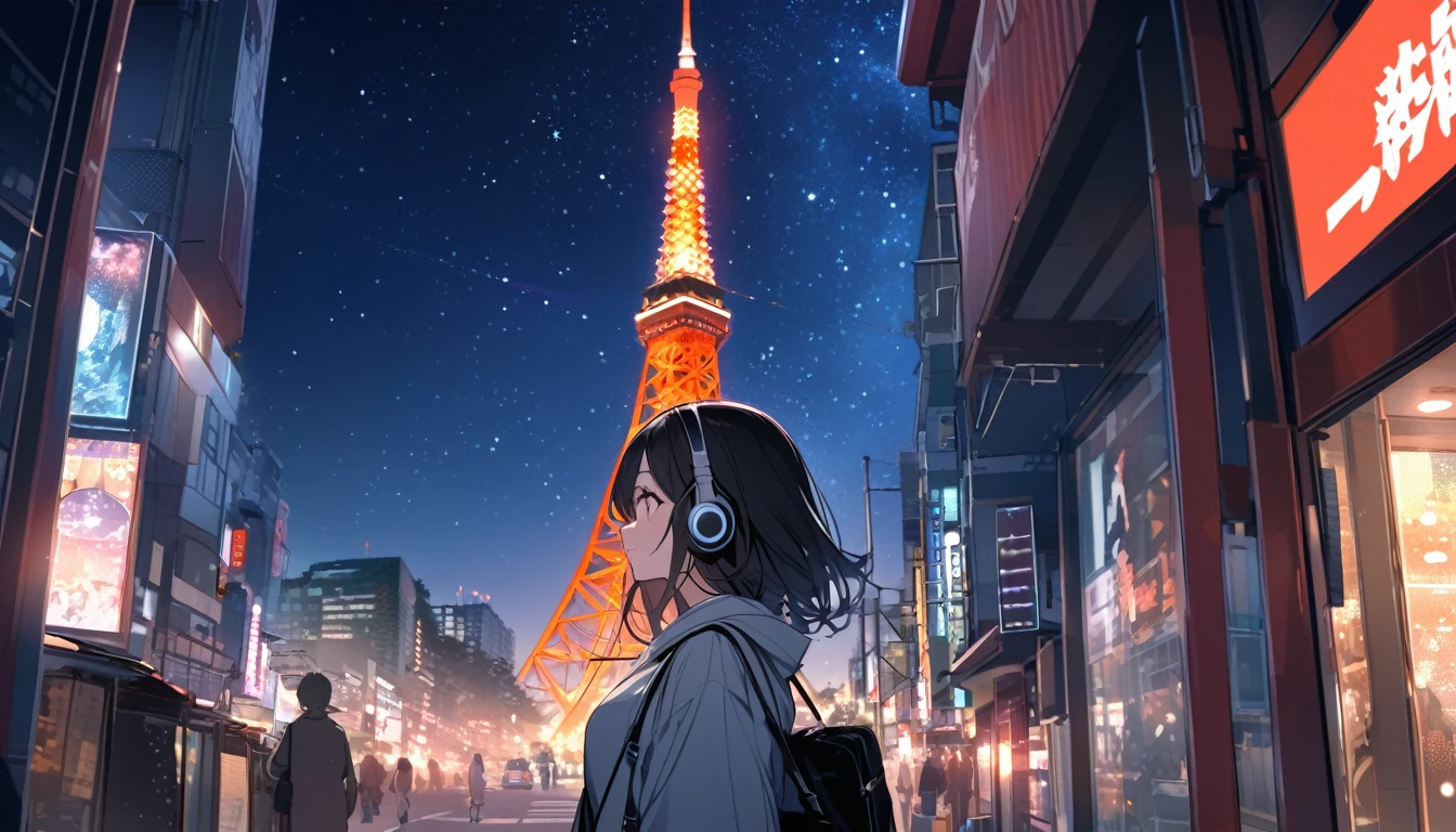 A black-haired woman looking at Tokyo Tower,Night starry sky,Streetscape、listen to music、Japanese