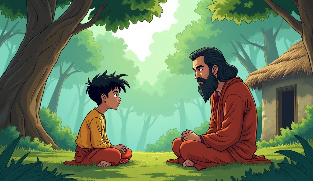 Description: In a comic style, Arav is sitting cross-legged on the ground under a large tree, speaking to Sage Bhaskar. The sage is also seated, listening intently. Arav’s expression is earnest and troubled, while the sage looks thoughtful. The background shows a peaceful forest clearing with the sage’s hut in the distance.