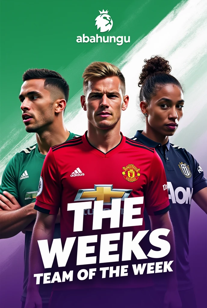 Generate a green , white and purple which can be used as an advert cover  for English premier league fantasy on the cover include images of Erling Haaland, Eric Ten Hag and Antony  also  add this text "ABAHUNGU EPL FANTASY TEAM OF THE WEEK" to the cover 
