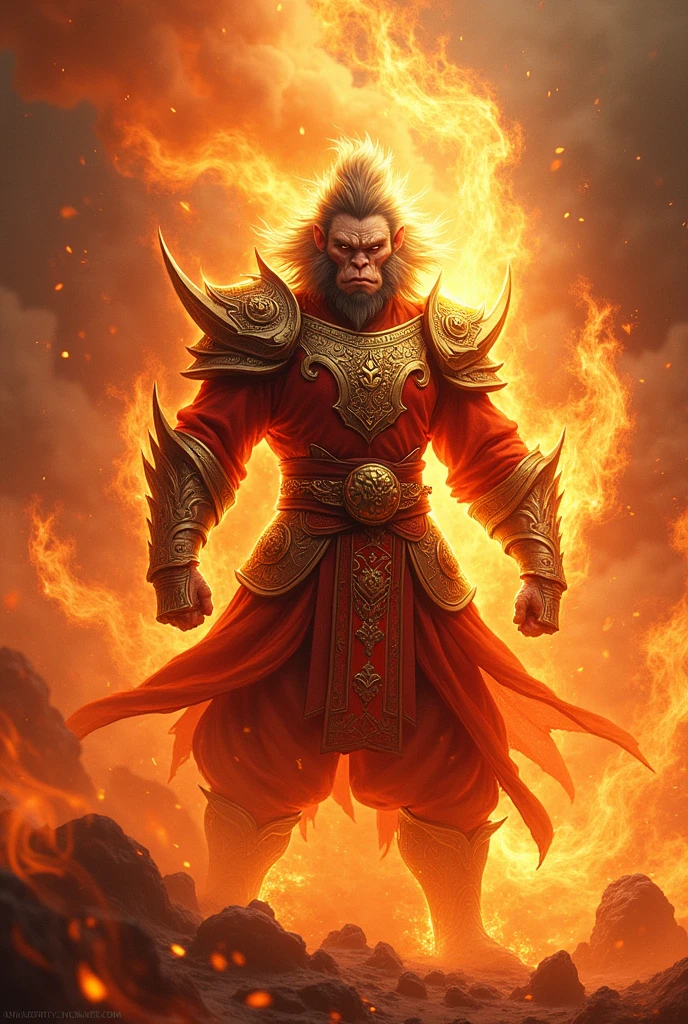 Legend of Wukong the Monkey King with armor and fire around him