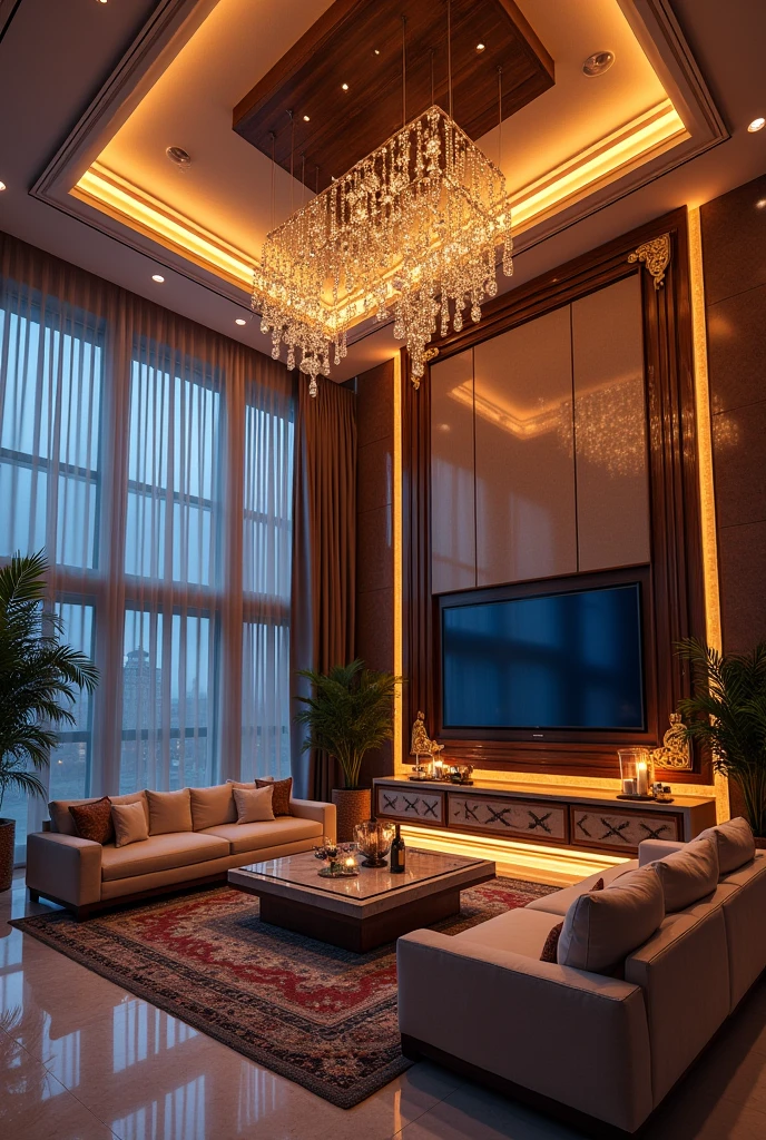 Beautiful luxury home with so many lights and beautiful very big room having big television and big frame