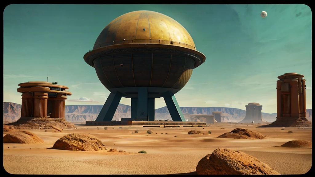 Create a sci-fi landscape featuring a vast desert with towering rock formations. The scene is viewed through a large, industrial metal frame, suggesting a futuristic structure or doorway. In the background, a massive, detailed planet with intricate surface patterns looms in the sky, surrounded by a few smaller celestial bodies and clouds. The colors should be warm and earthy, with a surreal and slightly cartoonish art style reminiscent of retro sci-fi illustrations. for 2d games with battle platform