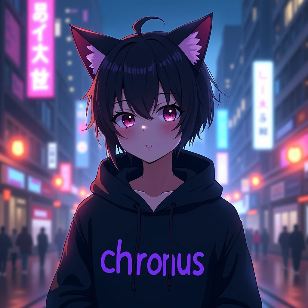 anime boy is wearing black 
hoodie, with 
cat ears and with a purple text "chronus" on his clothes, in citylights background, 