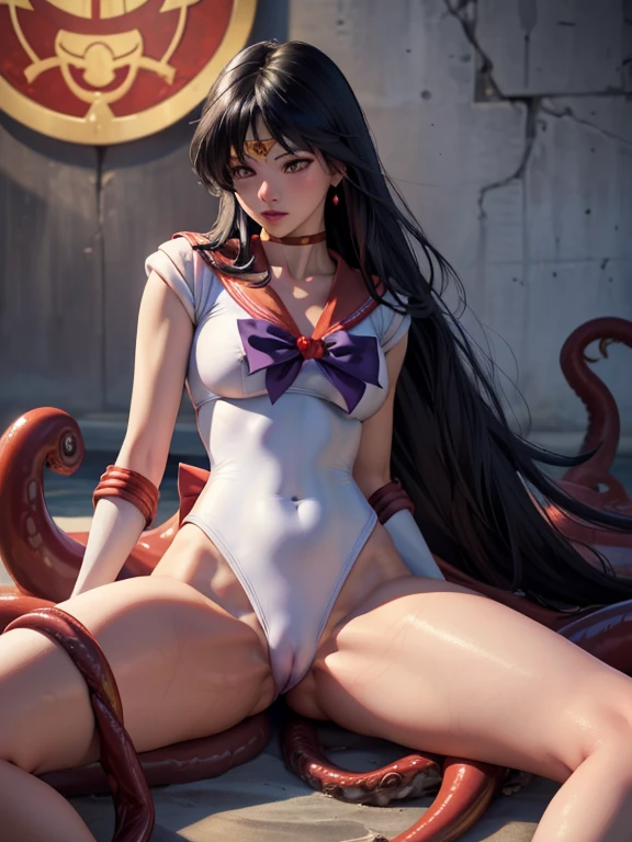 HENTAI image, Photorealistic, many tentacles, The many tentacles are wrapped around the legs and waist, Tentacles caressing her crotch, Tentacles wrapped around the body, parted lip, saliva, weeping, Moaning, Open clothes, Swimsuit, Embarrassed look, ((Sailor Mars:1.4, incredibly long straight Silky purplish-black hair)), Beautiful Face, Beautiful body, glowing eyes, Erotic whole body, cameltoe, Natural lighting, Intricate details, (Toon Shader Rendering), ((masterpiece, best quality, high resolution)) 