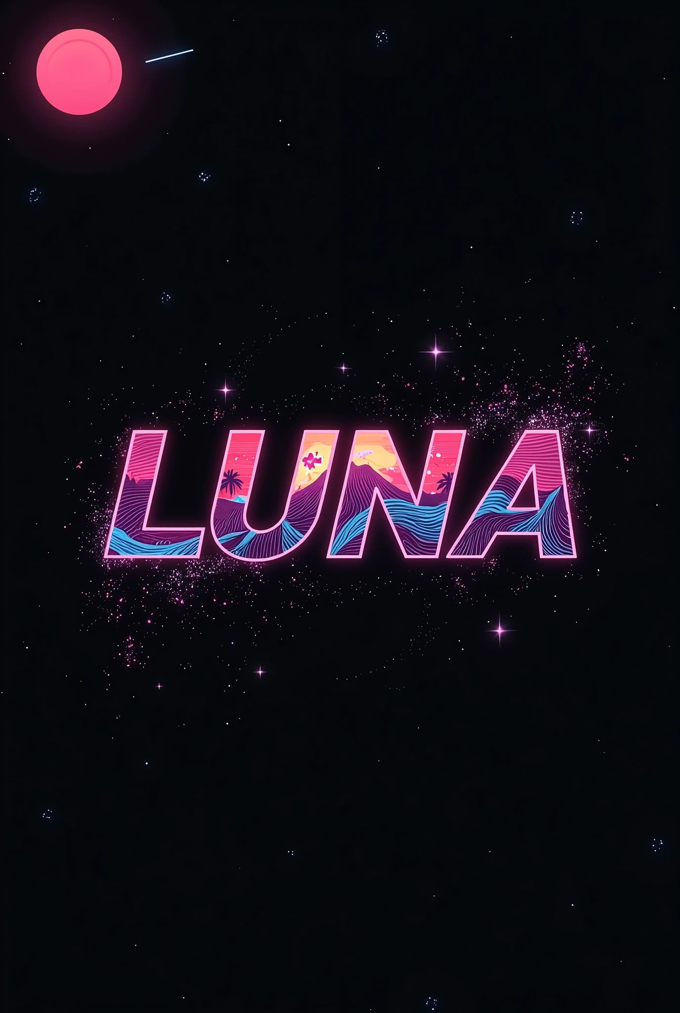 High resolution, Logo for Jdm cars, logo spelling swiftly “Luna” cool, Jdm theme, anime theme, Cyberpunk vibe name spelling, brand logo, logo for tshirt, brand logo “LUNA”, neon vibes, acid trip vibes, acid trip, shooting stars, acid trip inside “LUNA”, acid trip, hallucinations inside “LUNA”, Waves of hallucinations, splash, stars,