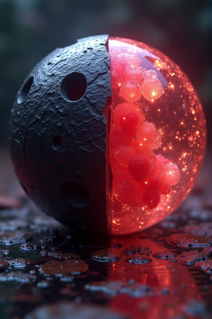 Create matter fruit in one piece. Use yin and yang in spherical shape. aone part is solid and other part is liquid in thin transparent sheet. the put holes in yin and yang part where the gast will shoot out continually. Use dark and vibrant colours
