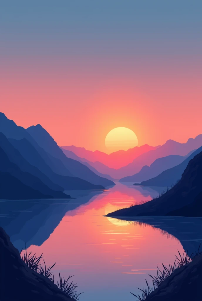 Create an artful illustration of a serene sunset landscape. The image should feature distinct layers of color gradients in the sky, transitioning from warm orange and pink tones near the horizon to cool blues and purples as it ascends. Silhouetted mountains should be visible against the sunset, with a clear sky above devoid of clouds. In the foreground, depict calm water reflecting the sunset colors, bordered by dark landmasses or foliage on one side to create contrast and depth. The overall composition should be minimalistic, using clean lines and flat areas of color to evoke tranquility and the beauty of nature at dusk.”