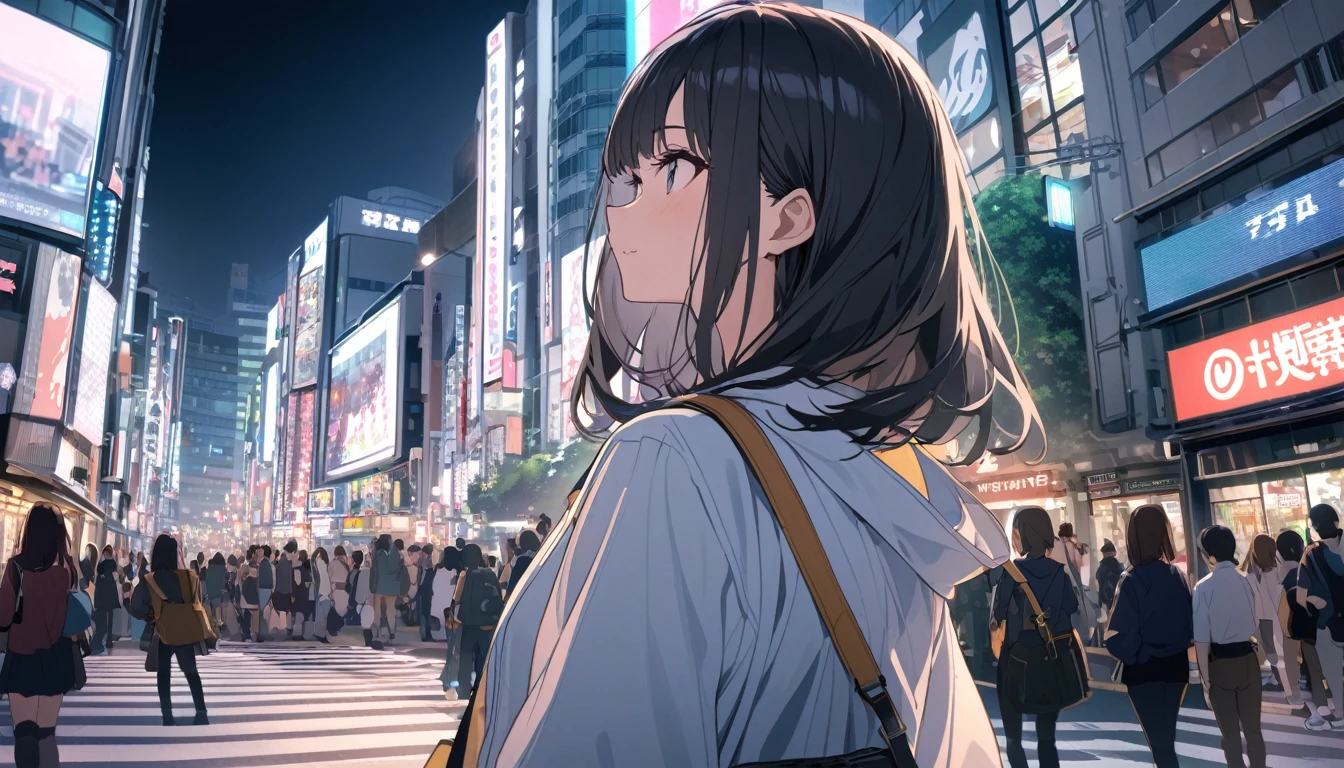 A black-haired woman looking out over Shibuya, Tokyo,Streetscape、listen to music、Japanese