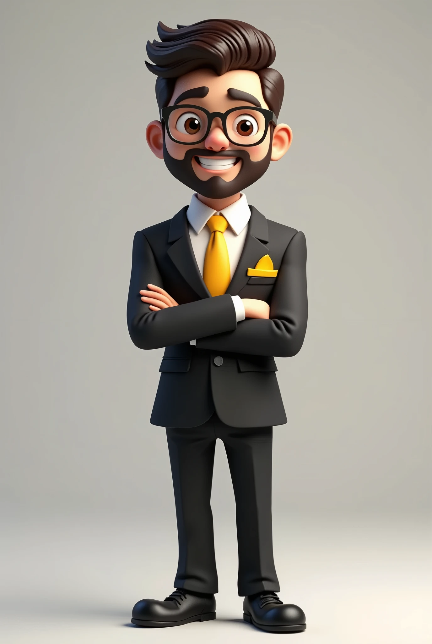 A full-body 3D cartoon-style character. He has a friendly and charismatic appearance. The character is a young man with light skin, a beard, and dark brown hair styled upwards, thick eyebrows, large brown eyes, and wears glasses. He is smiling confidently.

The character is dressed formally, wearing a black suit, a white shirt, and a yellow tie. In the pocket of the suit jacket, there is a yellow pocket square, matching the tie.

He stands with his arms crossed in front of him. His posture and relaxed stance suggest confidence and ease. The background of the image is neutral, which further highlights the character.