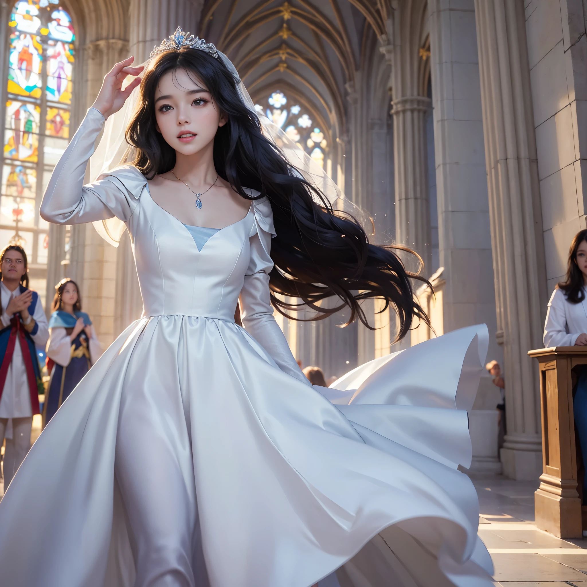 best quality, masterpiece, 1 girl, long hair, A huge laugh, cute teen, shiny lips, sweet, sun glare, Conservative attire, Disney Princess Snow White, Bridal Tiara, depth of field, blurred background, Cathedral Background, light particles, strong wind, head tilt