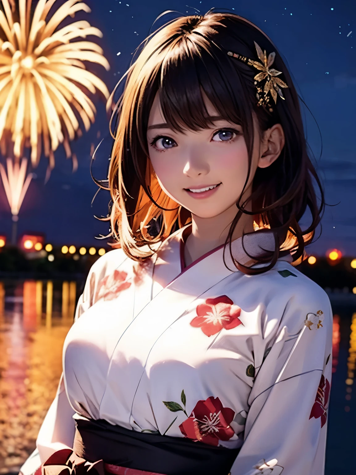 High resolution, 8k, Highest quality, detailed, Semi-realistic anime, Anime 3D Style, Smooth anime CG, One Girl, A 20-year-old Japanese woman, slim, Modeled, Shiny brown hair, detailedな顔, Beautiful and detailed, Glowing Skin, Hard Focus、Film Grain, Soft lighting, Looking at the audience, Laughter, (A woman wearing a gorgeous yukata and hair accessory), A summer festival where large fireworks are launched into the night sky、People gathering along the river々