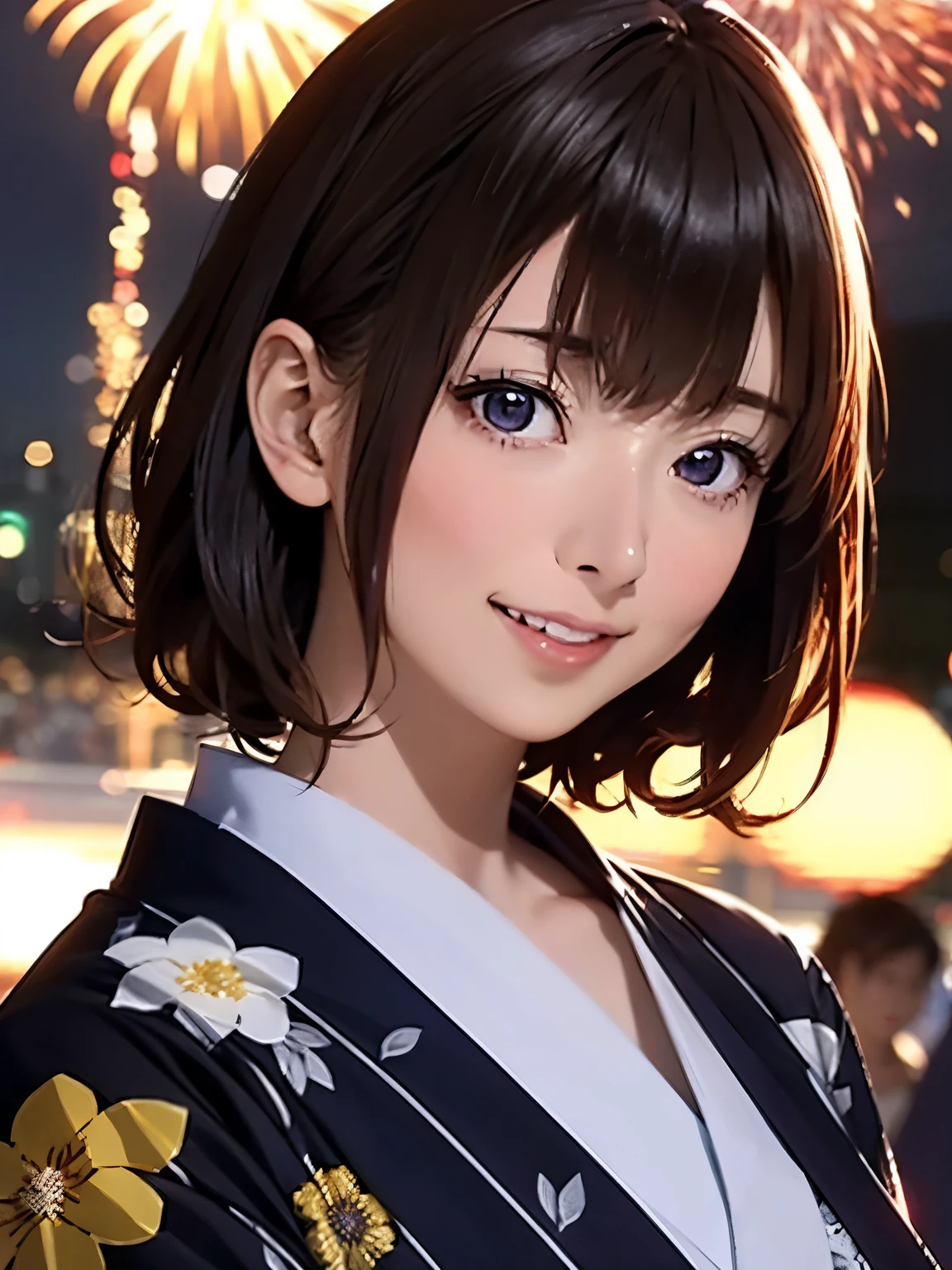 High resolution, 8k, Highest quality, detailed, Semi-realistic anime, Anime 3D Style, Smooth anime CG, One Girl, A 20-year-old Japanese woman, slim, Modeled, Shiny brown hair, detailedな顔, Beautiful and detailed, Glowing Skin, Hard Focus、Film Grain, Soft lighting, Looking at the audience, Laughter, (A woman wearing a gorgeous yukata and hair accessory), A summer festival where large fireworks are launched into the night sky、People gathering along the river々
