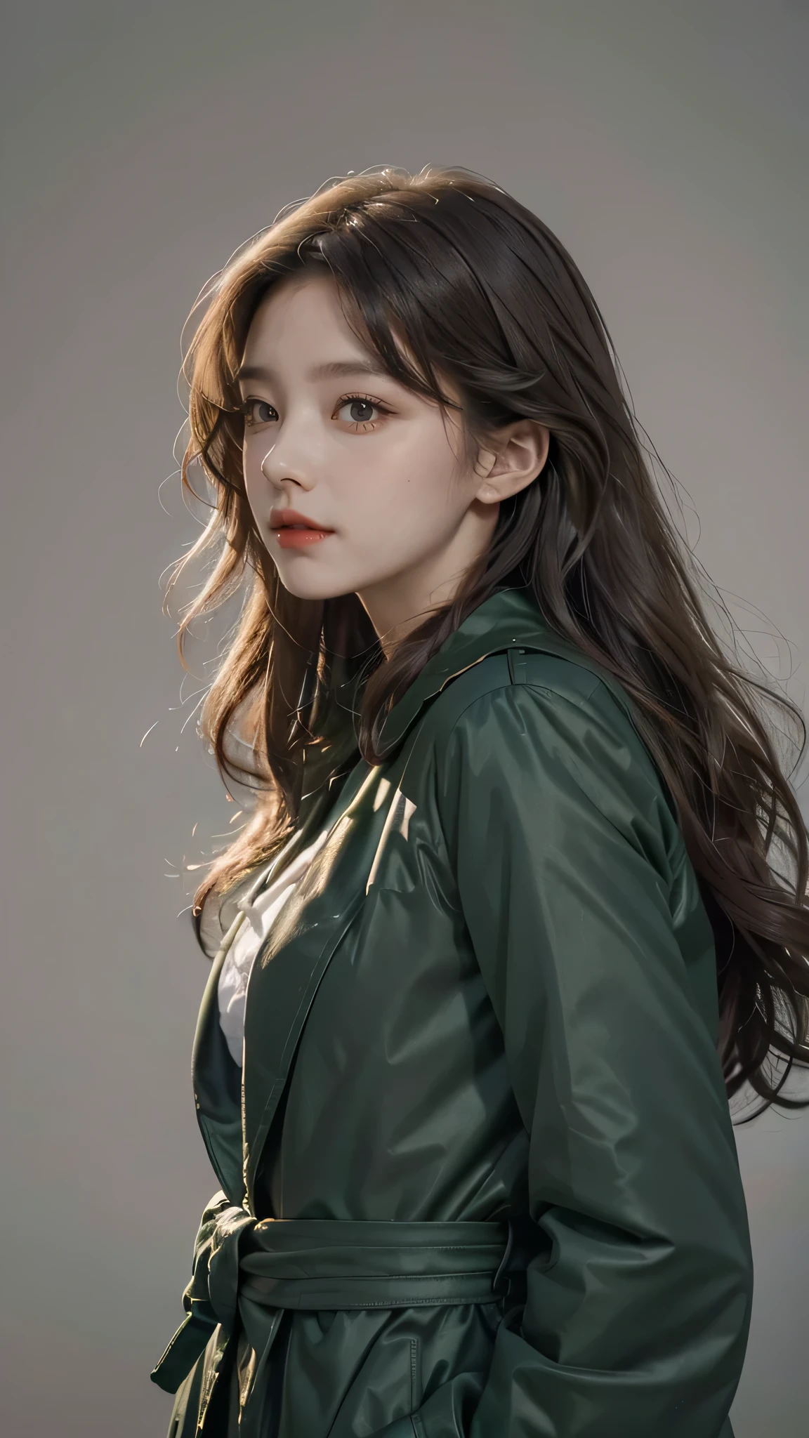 Girl wearing, luxury green coat, shoulder length hair, wavy hair, glowing skin, star in eye, red lips, grey background, cute poses.