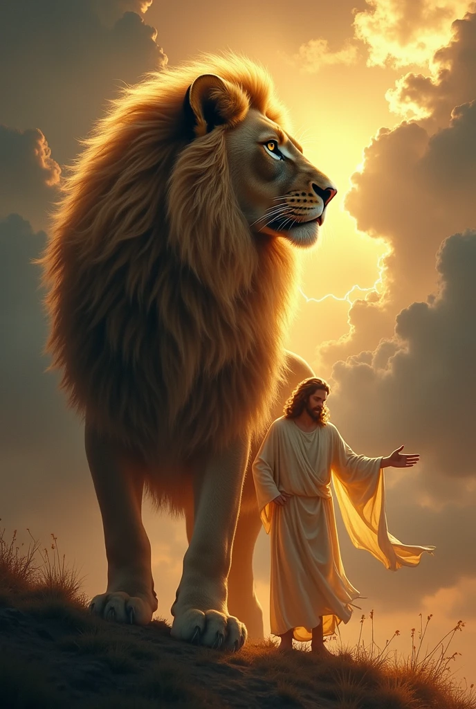 Majestic lion with the silhouette of Jesus Christ