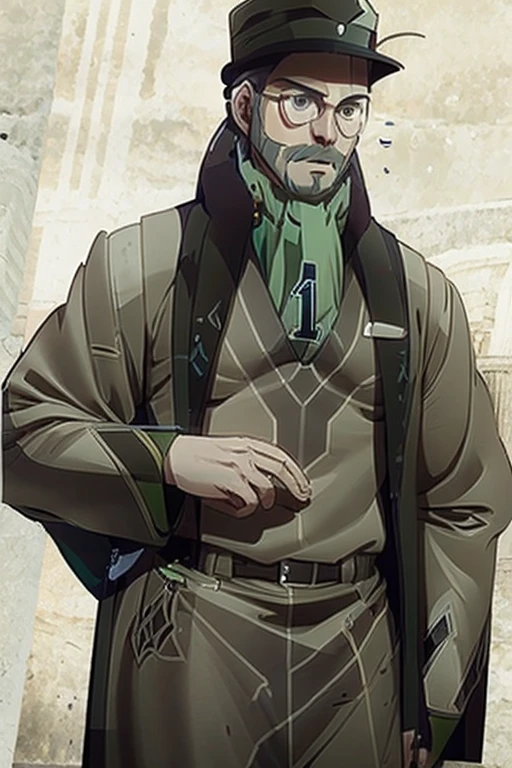 1man, british-japanese-german, handsome, wear glasses, wearing beige blouse, wearing hat, wearing green-dyed teal suit, wearing scarf, salt and pepper in quiff sides and tape hairstyle, cool, hd, high quality, realistic-style, ultra-realistic, hyperrealistic, closer distance face, closer distance head, his distance pressing against me, 8k resolution