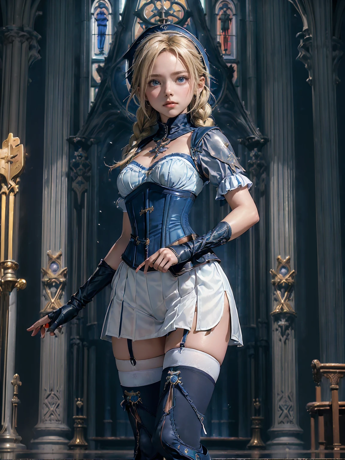 (((fantasy, cathedral:1.4))), (((midnight:1.4))), masterpiece, best quality, ultra-detailed, high resolution, extremely detailed cg, 8k, beautiful detailed eyes, depth of field, perfect anatomy, super detailed skin, cinematic lighting, dynamic lighting, anime picture, shiny hair and skin, detailed outfit, 【break】, ((cowboy shot, looking down , standing, zettai ryouiki, stylish poes:1.3)), (((a 1girl is , child, little young girl age8, soro:1.6))), ((afterglow)), (((blonde hair, Braided hair:1.3))), (beautiful detailed blue eyes), white-skinned, (((child short stature, child body shape, young face, cute face, small breasts, slim:1.4))), , wizard, ((Pure white silk, white blouse:1.3)), ((blue mini skirtt, blue corset, blue mantle:1.4)), ((White knee-high stockings:1.2)), ((white short boots)), 
((pure white panties)),