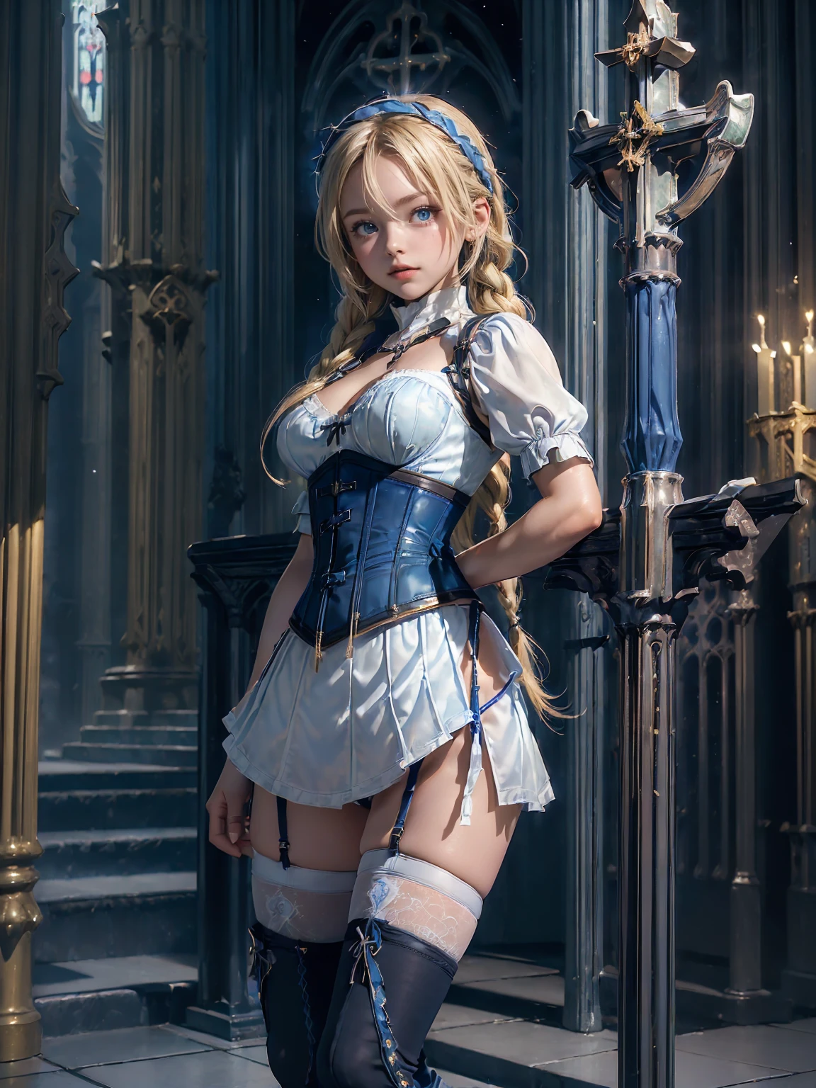(((fantasy, cathedral:1.4))), (((midnight:1.4))), masterpiece, best quality, ultra-detailed, high resolution, extremely detailed cg, 8k, beautiful detailed eyes, depth of field, perfect anatomy, super detailed skin, cinematic lighting, dynamic lighting, anime picture, shiny hair and skin, detailed outfit, 【break】, ((cowboy shot, looking down , standing, zettai ryouiki, stylish poes:1.3)), (((a 1girl is , child, little young girl age8, soro:1.6))), ((afterglow)), (((blonde hair, Braided hair:1.3))), (beautiful detailed blue eyes), white-skinned, (((child short stature, child body shape, young face, cute face, small breasts, slim:1.4))), , wizard, ((Pure white silk, white blouse:1.3)), ((blue mini skirtt, blue corset, blue mantle:1.4)), ((White knee-high stockings:1.2)), ((white short boots)),
((pure white panties)),