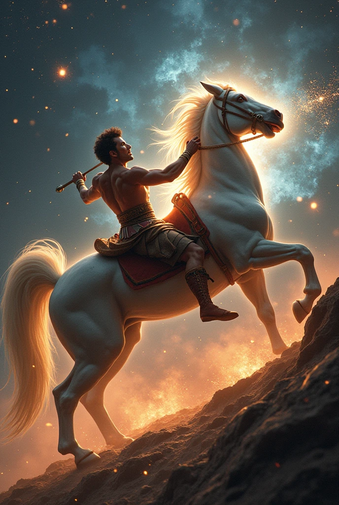 A man fighting a horse in Greek mythology, that they are in space with many stars and a great glow of God
