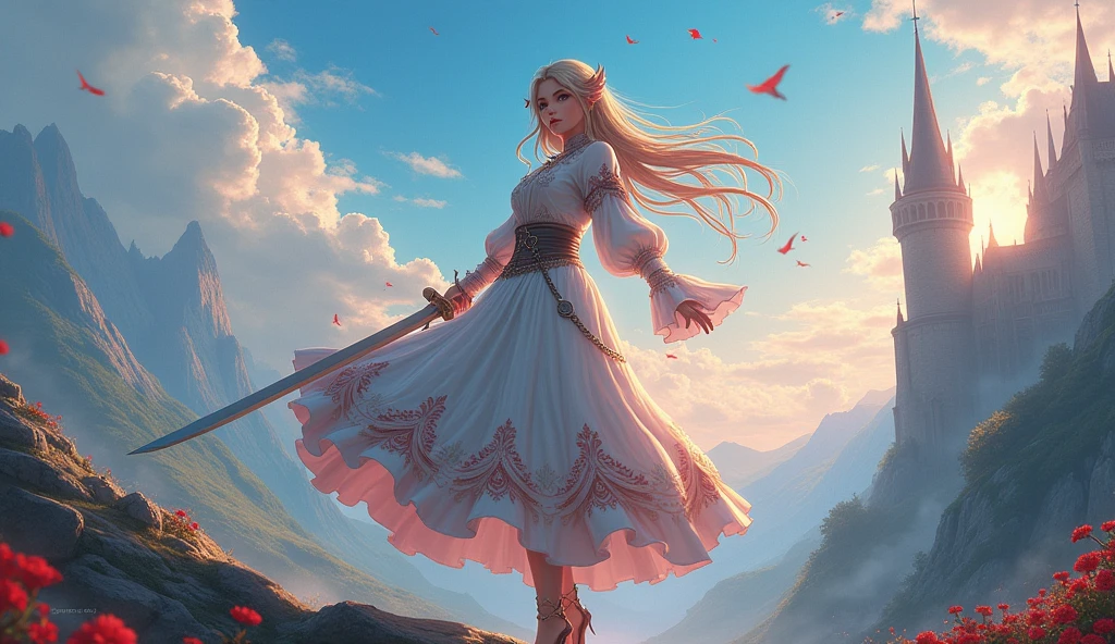Japanese anime style. woman. middle ages. Europe. fantasy. skirt. sword. Are standing. Whole body. from below.