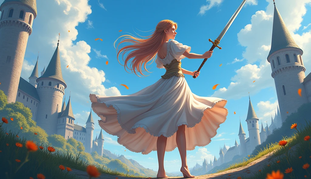 Japanese anime style. woman. middle ages. Europe. fantasy. skirt. sword. Are standing. Whole body. from below.