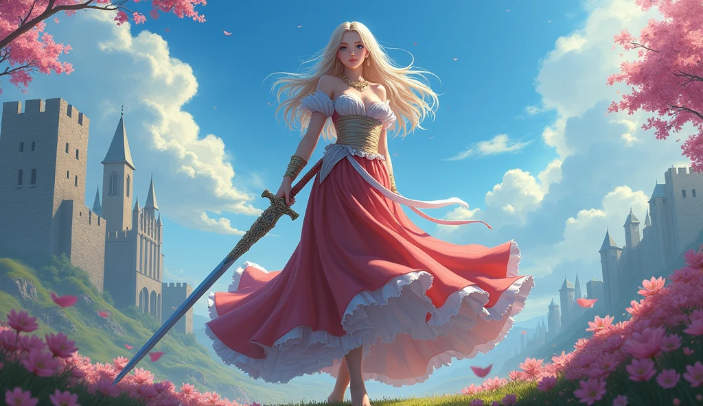 Japanese anime style. woman. middle ages. Europe. fantasy. skirt. sword. Are standing. Whole body. from below.
