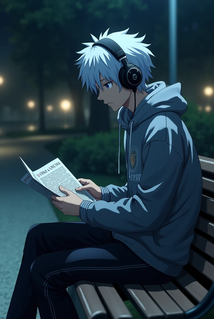Sakata gintoki from gintama,Sitting on the bench in a park,wearing a hoodie modern and jeans,and also wearing headphone, reading magazine,night time, the picture taken from the side