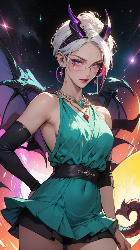 8k, masterpiece, best quality, highly detailed, 1 girl, tiefling, warlock, pixie cut, multicolored hair, very short straight hair red highlight hair on white hair, strippled hair, wearing glasses, round glasses, earrings, navel piercing, red eyeshadow, long eyelashes, blushed cheek, red lips, pearl necklace, rings, collarbone, mole on face, glamorous, teal and purple clothes, sleeveless, miniskirt, smirk, close up view, rings, looking at viewer, demon horns, solo, starry sky, pale blue moon, standing, boxing stance, demonic arms, chains on the background, black transparent laced gloves.