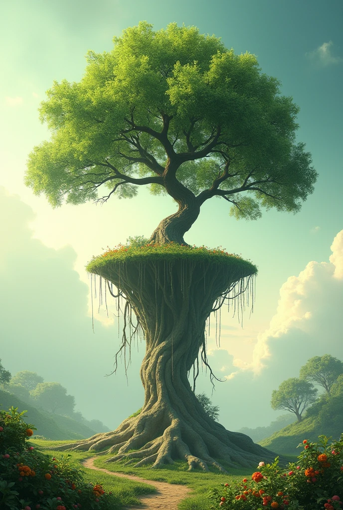 Attractive tree where root on the sky and fruits on the land in heaven