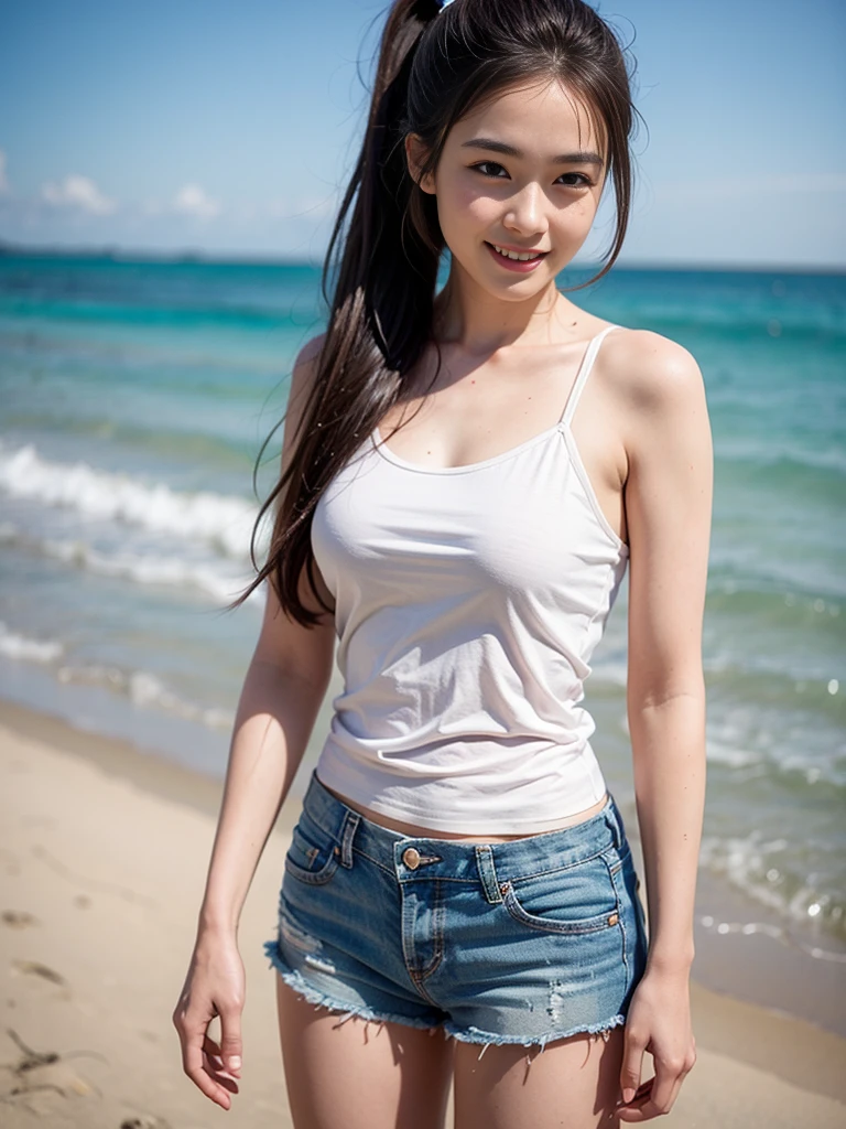 (best quality, complex details: 1.2) ,1 girl, solo, looking at the audience, camisole, cowboy shorts, lips parted, realistic,on the beach,light smile,shy,Medium size，white body,high ponytail,bare_legs,pale complexion