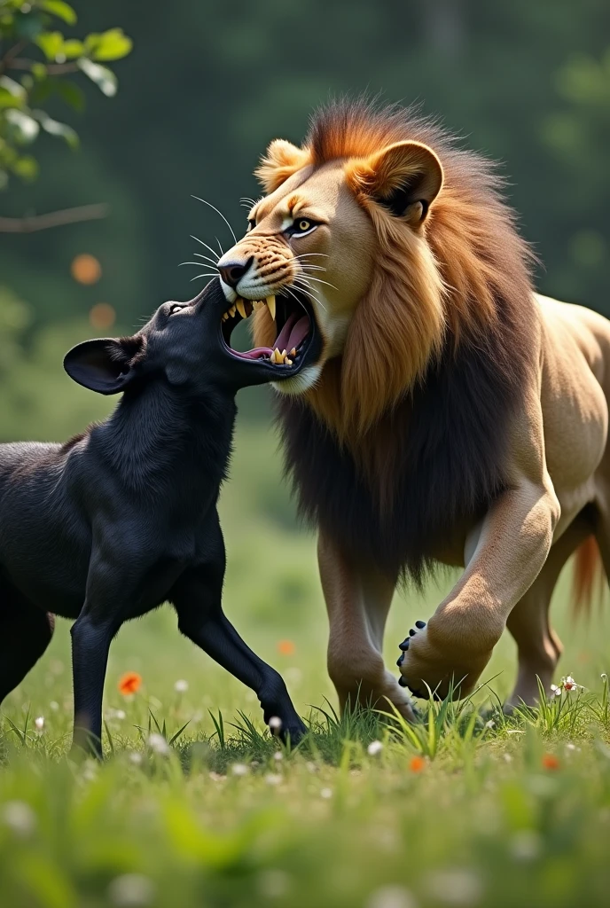 Big cat attack on two black wild dog in the green ground