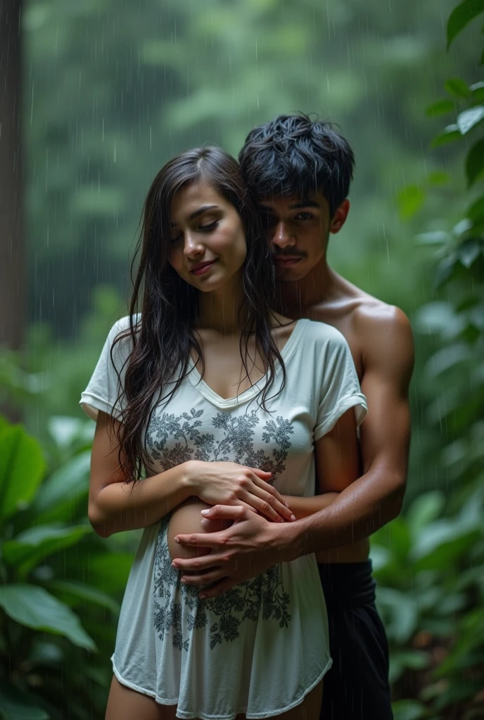 It is raining heavily in the jungle. The boy has hugged the girl from behind. The girl is wearing a white printed long t-shirt which is completely wet. That's why her big breasts are visible and we are touching her with our hands. The boy is holding her vagina