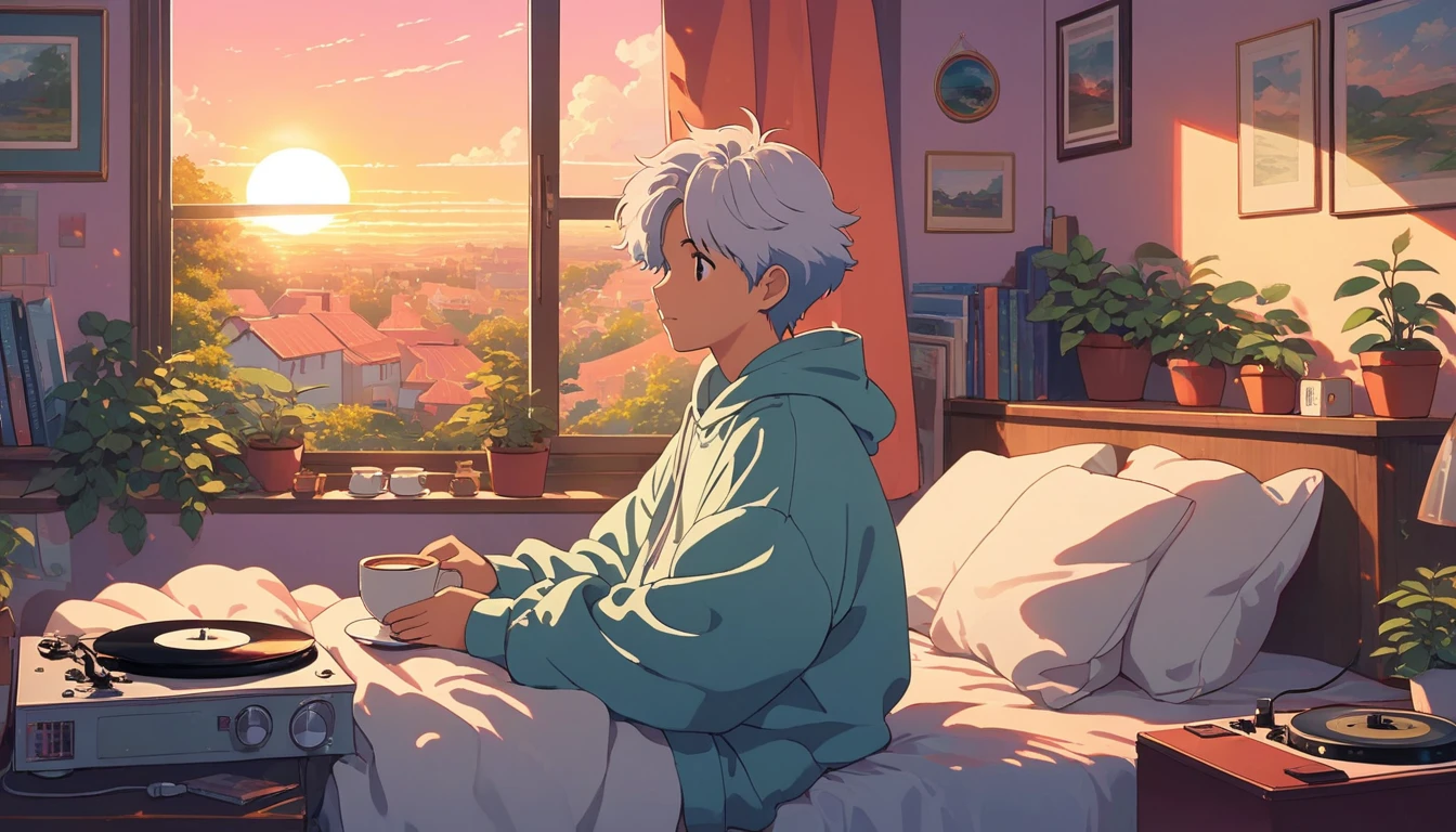 (extremely detailed CG unity 8k wallpaper), (best quality), (best illustration), (best shadow), realistic lighting, beautiful detailed reglow, masterpiece, best quality, lofi artstyle, lofi art, 80s anime style, Retro, Lo-Fi, Lofi Sensation, Portrait of Lofi, Lofi Colors, Lofi Vibes , Lofi atmosphere, Lofi hip hop, Hayao Miyazaki style,studio ghibli style,
A lofi-inspired anime scene set in the early morning, featuring a cool anime boy with messy white hair. The boy is sitting on the edge of his bed by an open window, where soft morning light streams in, illuminating his tousled hair and the serene expression on his face. He’s wearing a loose, comfortable hoodie, with one sleeve slightly pulled down. Outside the window, a peaceful cityscape is visible, bathed in the warm glow of the rising sun. The boy holds a steaming cup of coffee in one hand, while his other hand rests on a vinyl record lying next to a vintage turntable on his bedside table. The room is cozy, with scattered books, a small plant on the windowsill, and a few posters on the wall. The overall color palette consists of soft pastels and warm tones, creating a tranquil and reflective morning atmosphere that embodies the lofi aesthetic