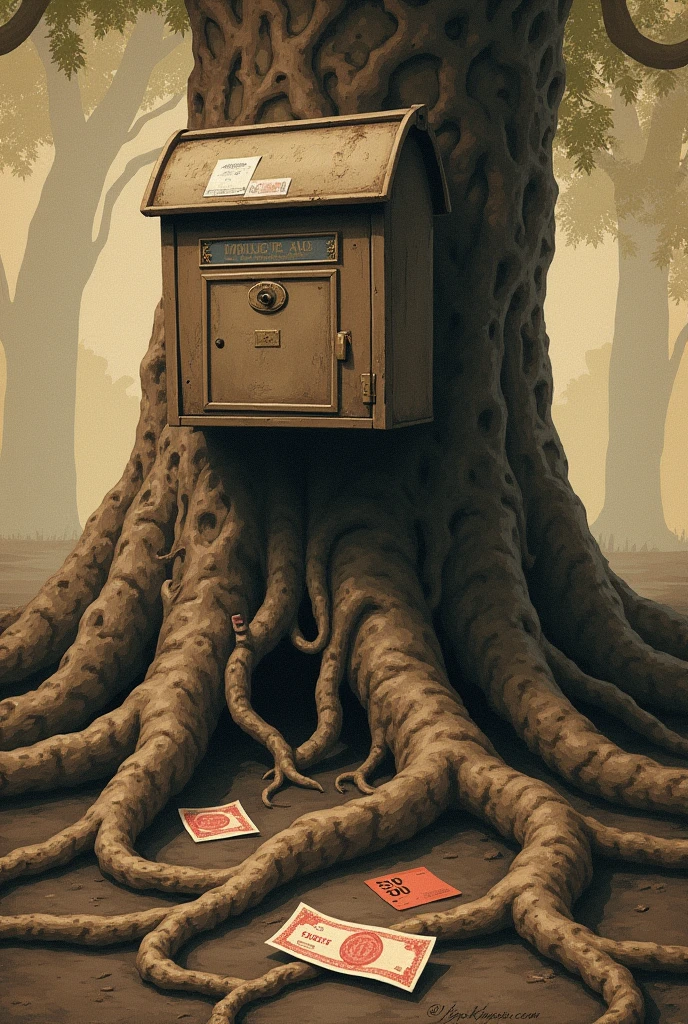Gambling roots in 1800s indian society illustration using keywords letter, mail box, 500 rupee note. Use symbolic language for making this illustration. Use tree roots in this as symbolic representation to gambling roots. Use money notes instead of tree leaves