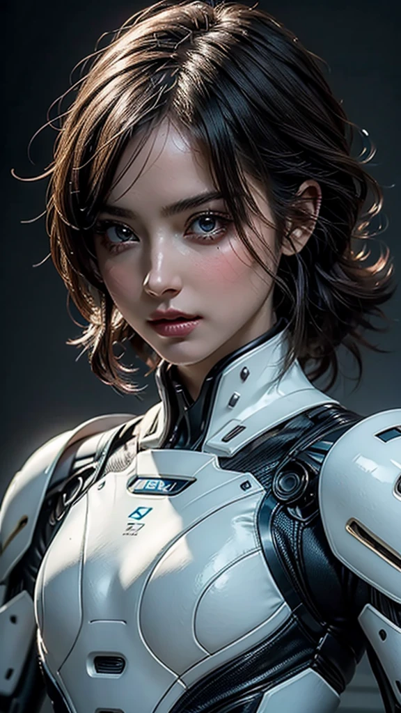 masterpiece, Highest quality, Ultra-realistic, Ultra-detailed, 8k resolution, RAW Photos, Sharp focus, (One person), alone, Gorgeous face, Perfect body, Mature Woman, Age 25, Portraiture, Mecha, White Armor, Nanosuit, sexy, Messy Hair, Cinematic, Cinematic light,