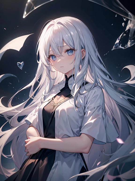Highest quality、Very delicate、Long Hair、beautiful、ephemeral、hope、Dynamic Cloud、Silver Marble Skin、Heart of Darkness、Facing loneliness、Plain T-shirt、Sunken eyes、General people、Dark atmosphere、Mature