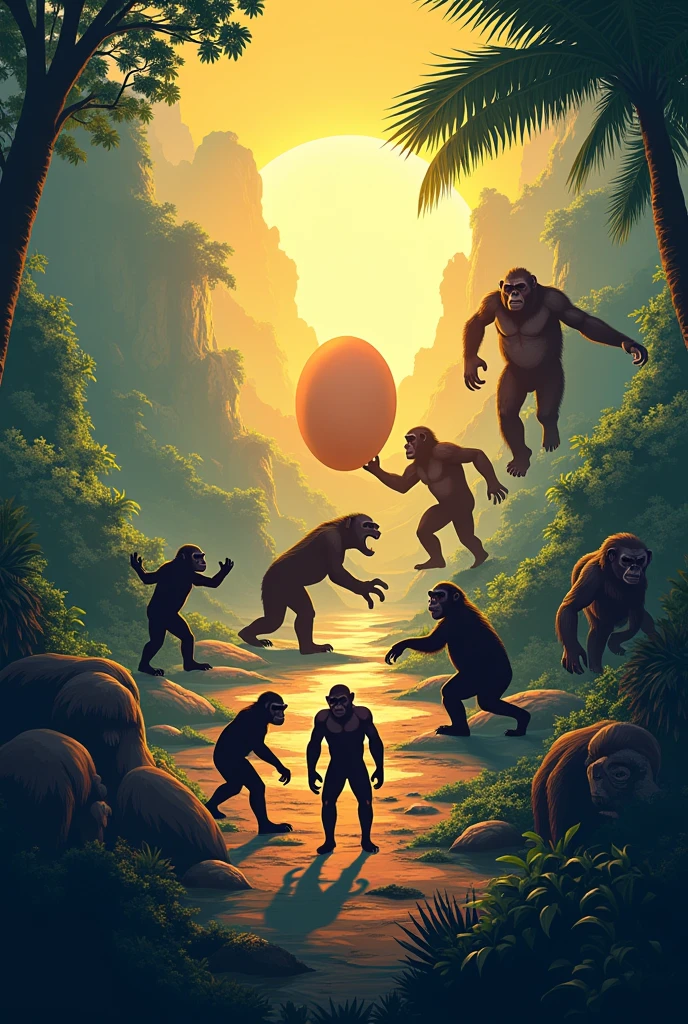 Flock of super realistic orangutans walking through a super realistic oasis in the forest while super realistic parrots fly in the sky --auto --s2