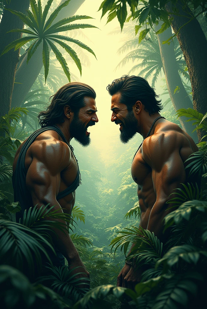 Create a image with the name of Arman an Yash fighting each other's in the jungle with only names written in the photo fighting each other by words 