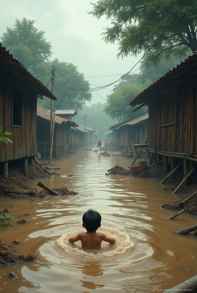 In a devastating flood scene in rural Bangladesh, muddy floodwaters surge through a village submerged under a heavy monsoon. Amidst the chaos, a small baby is caught in the currents, struggling to stay above the brown, fast-flowing water. Surrounding homes and trees are partially submerged, with rooftops barely visible above the waterline. Pieces of bamboo and household items drift by, showing the destruction caused by the relentless flooding. The sky is overcast and the air is thick with despair as villagers cry out for help, their voices echoing through the watery landscape