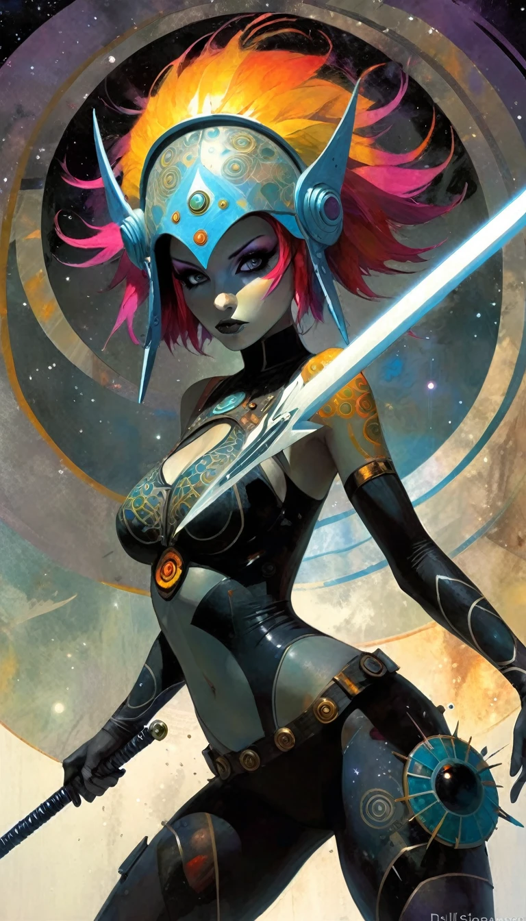 1girl, alone, MANdALA fractal black body paint, , multicolored hair galactic soldier holding a galactic mandala gray sword with both hands, mandala helmet and ready to attack aggressively, ZZZ, ZENLESSZONEZERO, art inspired by Bill Sienkiewicz and Dave McKean
