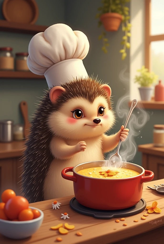 hedgehog chef 2D cooks sweet soup