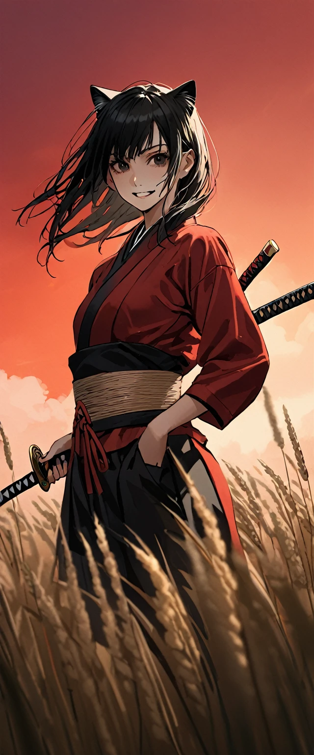 A slim young maiden dressed in a samurai uniform of shiny scarlet silk。Real。Realistic。Realな布の質感。Cat ear。Messy long black hair。 White Wheat Field。A world of thick fog,。Bust Shot。Dark Eyes。clothes are blowing in the wind。Grin。Katana on the waist。Stylish pose。Many small lanterns are floating。alone。Neo Tokyo。Japan。Red Sky。Chiaroscuro,