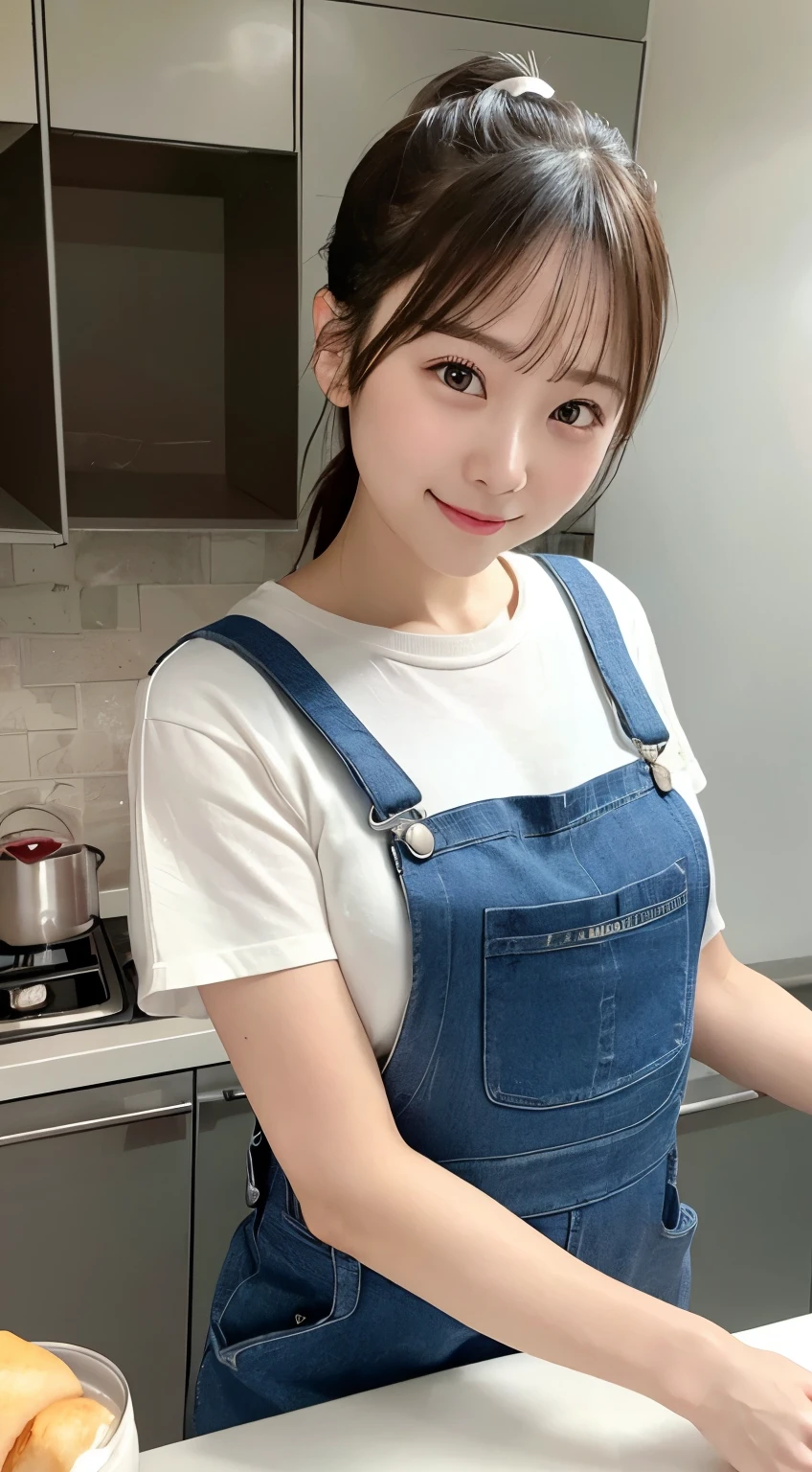 A woman who cooks、(Kitchen_overalls:1.Wear 3)、4K、A high resolution、tmasterpiece、top-quality、((hasselblad photograph))、Fine skin、sharp focus、(lighting like a movie)、Soft lighting、overhead shot、[:(Detailed face:1.2):0.2]、Medium chest、sweat pouring down the skin:1.2、(((In the kitchen))) A smile　Viewer's perspective　huge tit　Ponytail