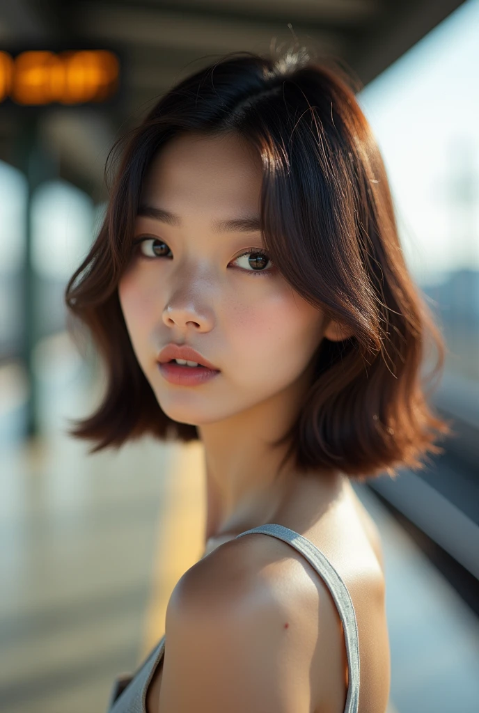 Tabletop, Highest quality, Realistic, Very detailed, finely, High resolution, 8k wallpaper, Cinema Lighting、1 person、Beautiful Japanese Women、30 years old、light brown straight bob hair, White bra, (Blurred Background、Station platform、noon、Light of the sun)、Sharp focus, Perfect dynamic composition, Narrow eyes:1.5, finelyて美しい目, Thin Hair, Detailed and Realistic skin texture, (Smile:1.3), (Tilt your head), Close-up portrait, Model body type,From the stomach up,