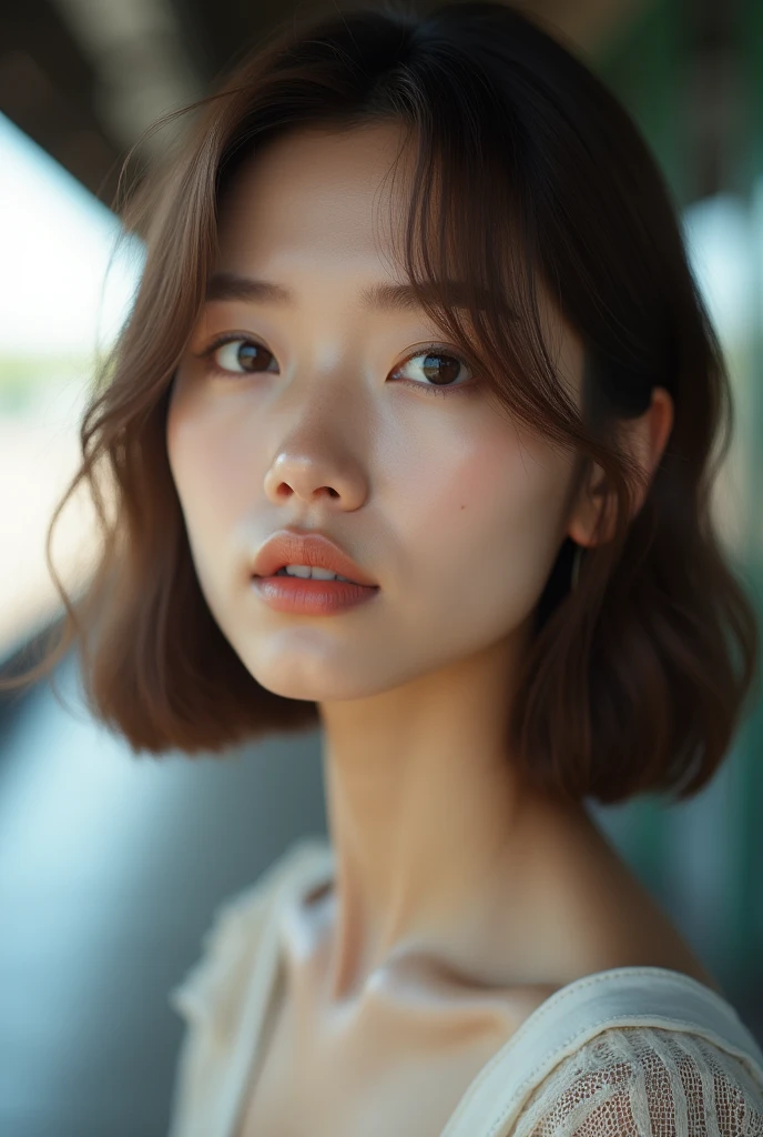 Tabletop, Highest quality, Realistic, Very detailed, finely, High resolution, 8k wallpaper, Cinema Lighting、1 person、Beautiful Japanese Women、30 years old、light brown straight bob hair, White bra, (Blurred Background、Station platform、noon、Light of the sun)、Sharp focus, Perfect dynamic composition, Narrow eyes:1.5, finelyて美しい目, Thin Hair, Detailed and Realistic skin texture, (Smile:1.3), (Tilt your head), Close-up portrait, Model body type,From the stomach up,