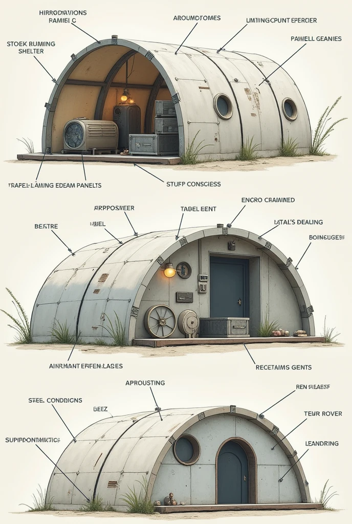 Create a well labelled diagrams of refugee shelter shaped like a semi cylinder it has a aluminum door with a simple spherical window on the flat side of the shelter. The shelter is made of recycled aluminum and is interiorly insulated with repurposed ERA armour panels the shelter is interiorly divided into 25 sections separated with steel and fabric panels it has 6 main flood lights taken from abandoned ships and 4 air conditioning units running on arecycled and re commissioned generators from tanks which are kept in an outer box the fuel is kept in repurposed self sealing fuel tanks in an inner covering box.