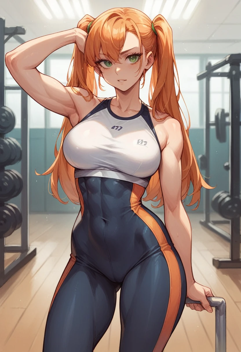 1girl, big boobs, sexy, horny, green eyes, orange long hair pigtails, standing in sexy pose, wearing fitness costume, gym background